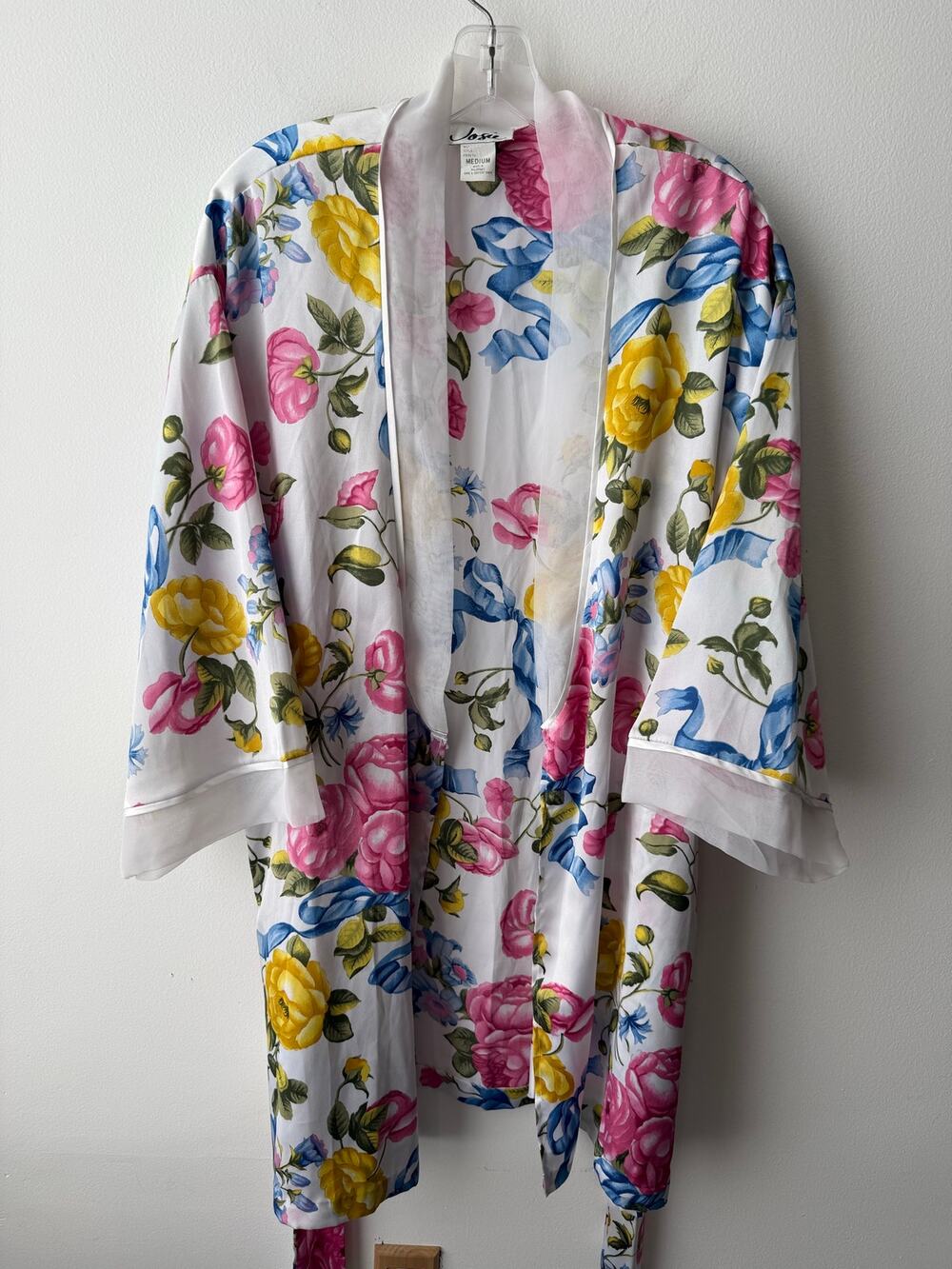 Vintage Floral Short Kimono Style Robe Boho Romantic Roses Cottage Loungewear M